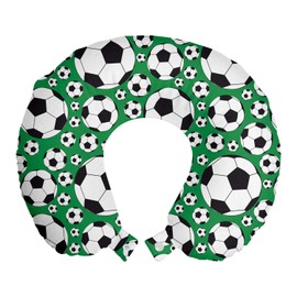 Ambesonne Soccer Travel Pillow Neck Rest, Various Sizes Footballs Pattern Active Lifestyle Popular Sport from Europe, Memory Foam Traveling Accessory for Airplane and Car, 12", White and Black