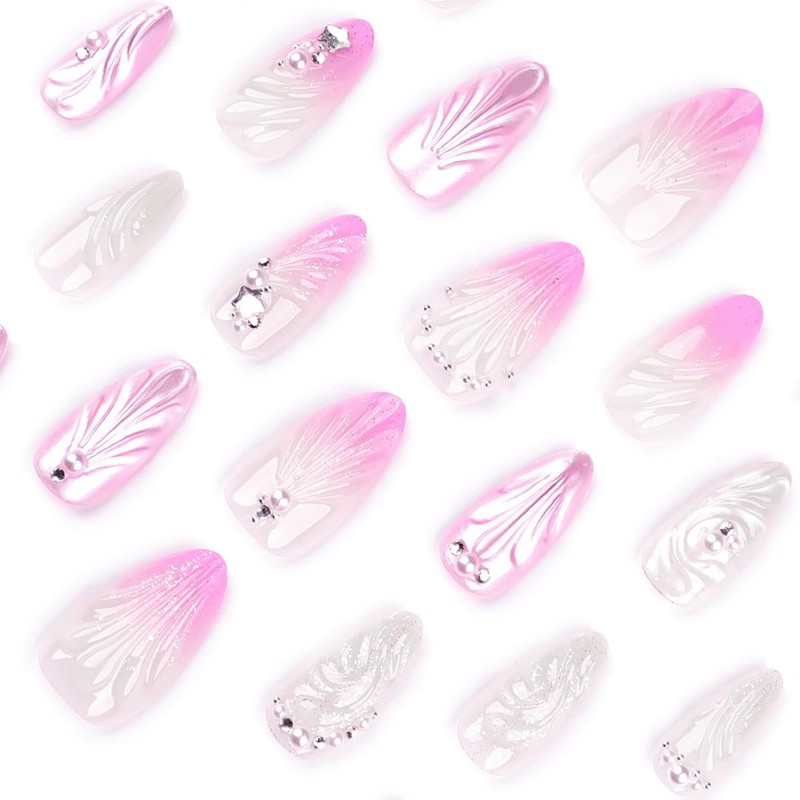 Tressora 24Pcs 3D Handmade Press on for Medium Pink Almond