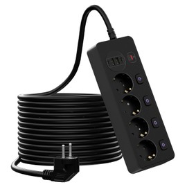 4-Way Power Strip with 2 USB A and 2 Type-C Quick Charging Ports, Multiple Socket with Individual Switch, Distribution Socket with Surge Protection for Kitchen Table Top Home, Office, Black