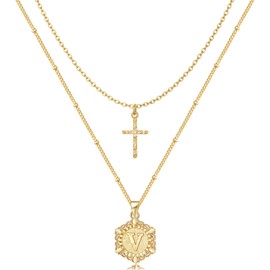 KELORIS PATH Gold Layered Initial Cross Necklace, 14K Gold Plated Layering Square Letter Pendant Figaro Chain Cross Choker from A-Z Capital Jewelry for Women Girls, Stainless Steel, Cubic Zirconia
