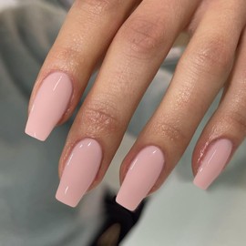 KQueenest Light Pink Press on Nails Long Medium, Sheer Pastel Pink Fake Nails Press ons, Glossy Soft Gel Glue on Nails Medium Coffin, Reusable Opaque Square Tip Stick on Nail for Women, 24 Pcs