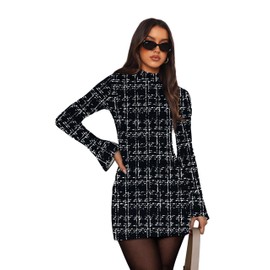 OFEEFAN Long Sleeve Dress Fall Outfits for Women 2025 Black Plaid S