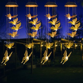 ZVO Butterfly Solar Wind Chime Garden - Set of 4 Solar Butterflies for Outdoor Hanging, Balcony Decoration Hanging Light for Mum Grandma Child - Warm Light