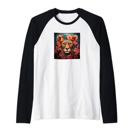 Leopard With Flowers Around Boho Style Graphic Raglan Baseball Tee