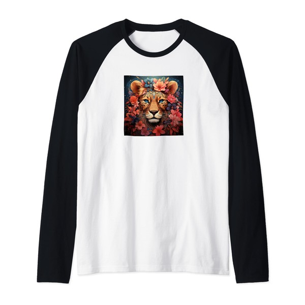 Leopard With Flowers Around Boho Style Graphic Raglan Baseball Tee