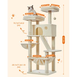 Taoqimiao Cat Tree 57.5-Inch, Cat Tower for Indoor Cats Large Adult, Extra Large Cat Condo, 8 Sisal Scratching Posts, Metal Frame Cozy Hammock, Durable Scratch Board, 2 Top Perches, Beige MS026M