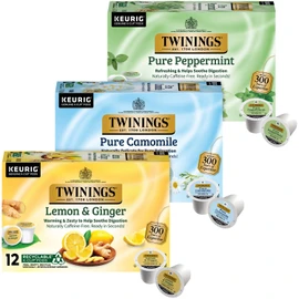 Twinings Herbal Tea K-Cup Pods for Keurig, Variety 3-Pack – Pure Peppermint, Pure Camomile + Lemon & Ginger Tea K-Cups, Naturally Caffeine-Free, 12 Count Each