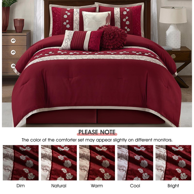 Wine Comforter Set King Size, 7 Piece Bedding Set for