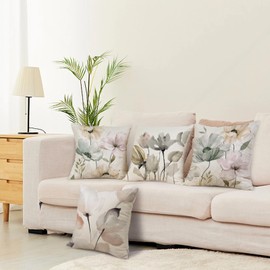 ZWJD Flower Cushion Cover, 40 x 40 cm, Set of 4, Outdoor Cushion Covers, Linen Cushion Covers, Floral Watercolour Painting, Cushion Covers for Sofa, Living Room, Decorative Cushion, 40 x 40 cm