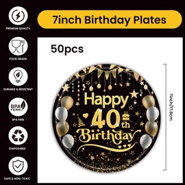 EVYIENEN 50Pcs 40th Birthday Party Paper Plates,7inch Disposable Black and Gold Dessert Party Plates Party Decorations for Men Woman 40th Happy Birthday Wedding Party Supplies