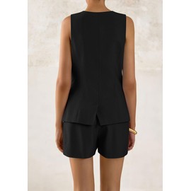 PRETTYGARDEN Women's 2 Piece Sets 2025 Summer Trendy Button Down Suit Vest Tops High Waisted Shorts Business Casual Outfits (Black,Large)