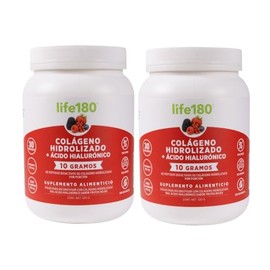 LIFE180 Colágeno Hidrolizado más Ácido Hialurónico en Polvo, Sabor Moras, Paquete de 2 piezas de 450gr. 30 Porciones, 1100 gramo, 2