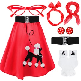 Breathffy Women 1950s Poodle Skirt Costume Outfit Sock Hop Costume Skirt Scarf Belt Sock Eyeglass(X-Large,Red)