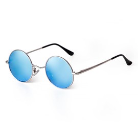 Laurinny 90s Retro Round Sunglasses Women Men Classic Polarised Sunglasses Metal Frame Round Hippie Glasses (Silver Frame Blue Lens)