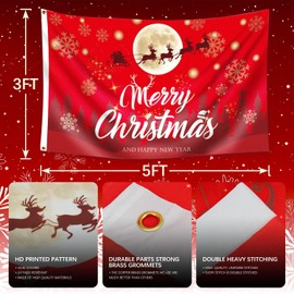 Merry Christmas Flag 5Ft x 3Ft with Eyelets 100% Polyester Vivid Red Color Christmas Flags for Party Camping Garden Outdoor Decorations