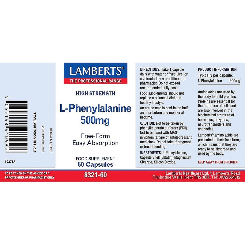 Lamberts L-Phenylalanine Capsules – 500mg Free-Form Amino Acid – High