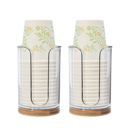 Large Bathroom Cup Dispenser - 2 Pack PC Plastic and Bamboo for Dixie 3oz 5oz 6oz Bathroom Cups Holder, Vanity Countertops, Bathroom, Kitchen, and Dining Room(Transparent)