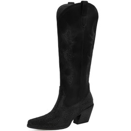 MISSMILLER Women’s Rhinestone Cowboy Boots Wide Calf Western Cowgirl High Knee Boots Pointed Toe Tall Boots for Ladies