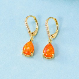 Leverback Orange Opal Dangle Earrings 14k Yellow Gold Plated Drop Earrings for Women Teardrop Earrings Elegant Jewelry Gifts for Mothers Day Birthday Party, Yellow Gold, Created Opal