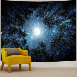 Apdidl Forest Galaxy Starry Tapestry for Bedroom Ceiling, Blue Space Night Starry Sky Moon Stars Tapestry Aesthetic, Tree Forest Milky Way Backdrop Wall Hanging for Dorm Living Room Decor (36" X 48")
