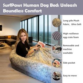 Human Dog Bed for Adults and Pets, 72"x46"x9" Extra-Large Comfortable Bed with Storage Pocket and Soft Blanket, Washable and Waterproof (Gray, XXX-Large)