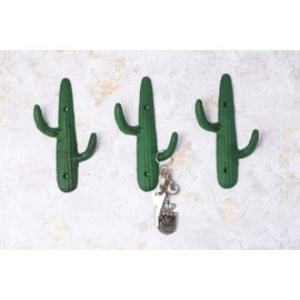 Set of 3 - Cast Iron Cactus Double Wall Hooks/Hangers - Decorative Wall Mounted Hooks for Coats, Bags, Towels and More - w/Screws and Anchors Included - Rustic Green Color