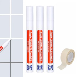 Grout Pen White, Tile Grout Pen, Pack of 3 Joint Pen, Joint Repair Pen, Waterproof Grout Pen, Repair Pen for Tiles, Wall, Floor Tile Grout, Kitchen, with 1 Roll of Masking Tape