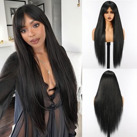 topshe Long Straight Black Wigs With Curtain Bangs Black Wigs For Women Synthetic Heat Resistant Layered Wigs Natural Looking Wigs For Daily Party Use 26 Inch