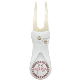 Giggle Golf White Plastic Divot Repair Tool with Metal Bling Flamingos Golf Ball Marker | Foldable Switchblade Divot Tool