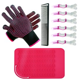 Heat Gloves for Hair Styling 2Pcs Heat Resistant Gloves Silicone Heat Mat Styling Tools & Appliances 6pcs Hair Clips and Styling Comb Curling Iron Glove Heat Resistan for Hair Curling Wand