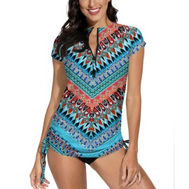 BesserBay Women's Surf Shirt Swimwear Rash Guard UV Shirts with Short Sleeves and 1/4 Zip Surf Shirt Swimming Tankini UPF 50+ Multicoloured XS - XXL, Blue/aqua, xl