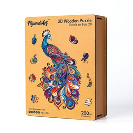 Figured'Art Wooden Puzzle for Adults and Children, 200 Pieces, Animals, Peacock, Original Design, 25.3 x 40.8 cm, Unique Shape with Premium Wooden Box