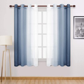 DWCN Demin Blue Ombre Sheer Curtains - Faux Linen Gradient Drapes Semi Voile Bedroom and Living Room Curtains, Set of 2 Grommet Top Window Curtain Drapes, 52 x 72 Inch Length