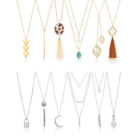Hicarer 12 Pieces Long Pendant Necklace Set Y Tassel Leaf Circle Bar Necklace for Women (Stylish Style)