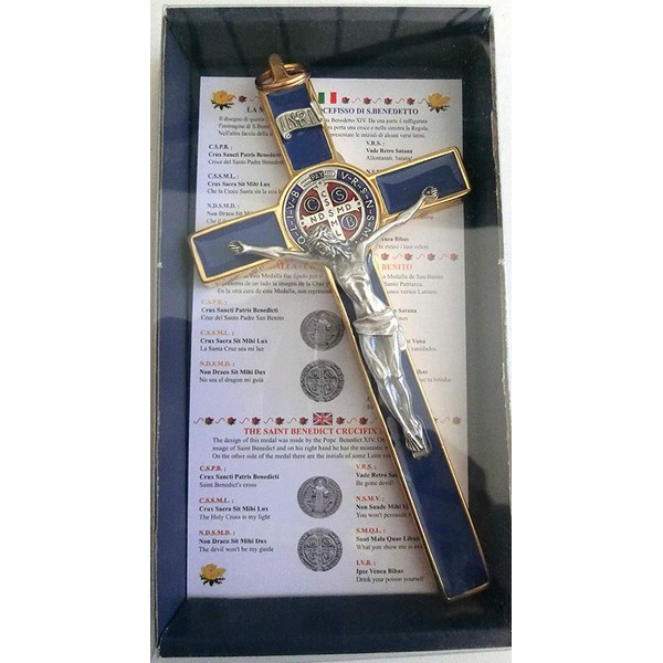 10.004.21 Saint Benedict Blue Gold Cross 20 cm Enamelled with Gift Box Saint Benedict Exorcism Priest Exorcism Priest Sister Church