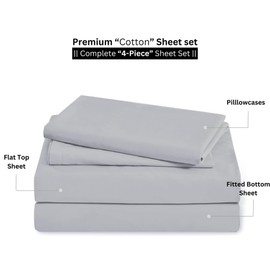 4 Piece Premium Sheet Set Cotton Queen, 100% Egyptian Cotton, 400 Thread Count, 12 Inch Deep Pocket of Cotton Sheets, Light Grey Solid