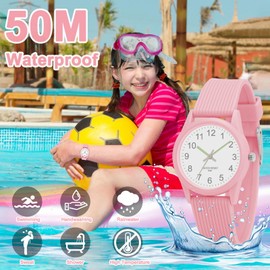 SOCICO Kids Analog Watches for Boys Girls 50M Waterproof Kids Watches Learning Time Children Watch Easy to Read for Ages 3-12 Kids Birthday, Christmas Day, Children's Day Gifts (Light Pink)