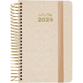 Grafoplás | Week to View 2024 Pocket Diary | Sand | A6 | Spanish | Spiral | Metallic Series | Hardcover Lined Fabric | Elastic Closure | January to December