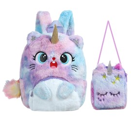 Balakaka Unicorn Cat Backpack Purse Set Plush Backpack Mini Shoulder Bag Cute Purse School Bag Kawaii Nursery Bag Birthday Friend Nursery Backpack for 3-8 Years Olds, Pack of 2, Smiley Purple+Shoulder