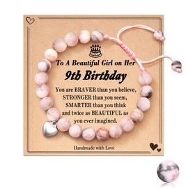Vellivar Natural Stone Bracelet, 9 Year Old Girl Gifts Birthday, Healing Bracelets Gifts for 9 Year Old Girls Pink Zebra Bracelet Daughter Granddaughter Niece Girls Age 9 Birthday Cards Presents