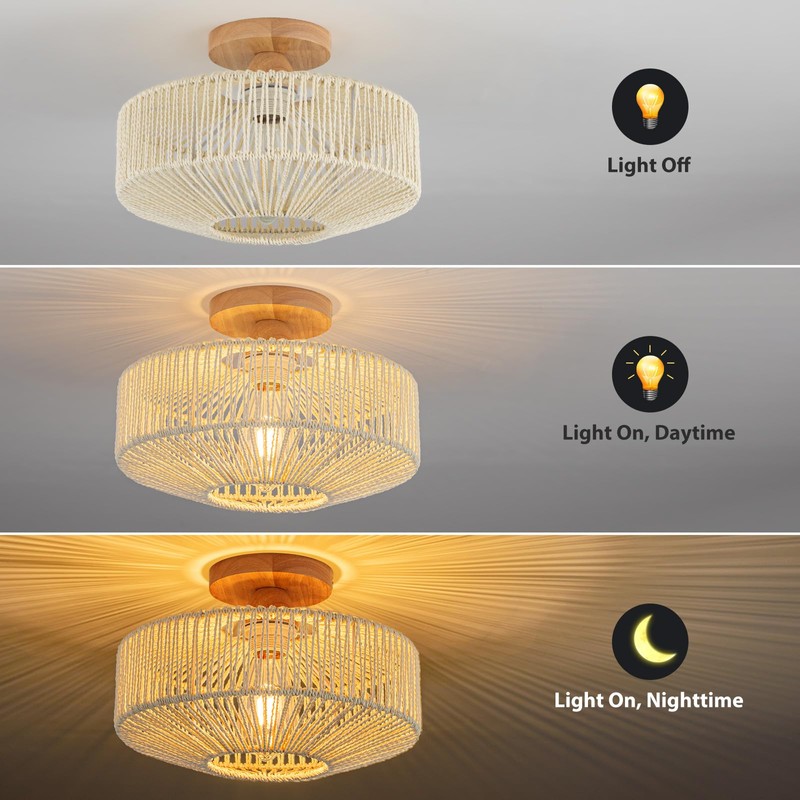 Zswanbei Rattan Light Fixtures Ceiling Flush Mount Boho Chandelier Bedroom