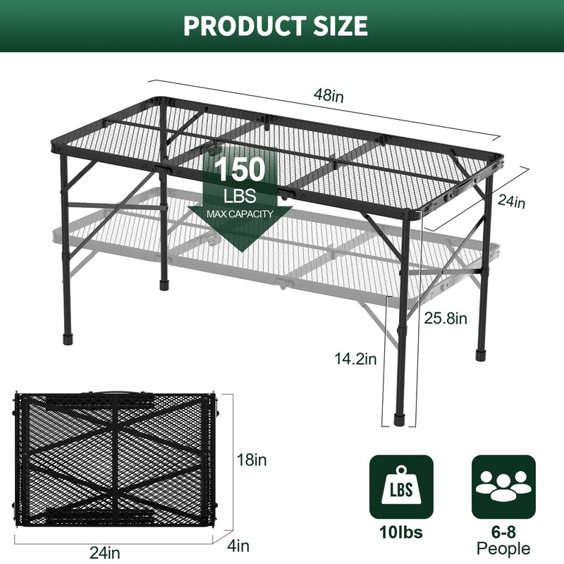 Folding Gril Table, 4x2 FT Camping Table with Mesh Desktop,Height