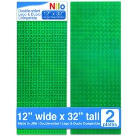 NILO Classic Green Baseplate, 2-Pack 12"x32" Double-Sided, Large Building Plates for Building Bricks 100% Compatible with All Major Brands