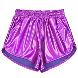 Girls Purple Metallic Shorts Shiny Hot Pants Sparkly High Waisted Rave Bottoms for Dance Festival
