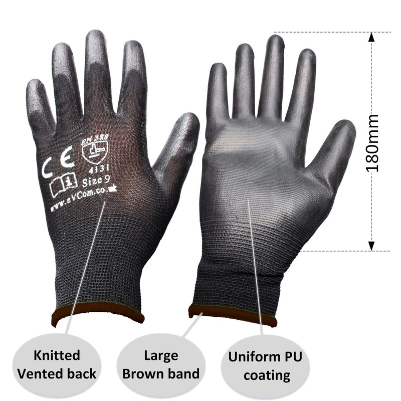eVCom 12pairs PU Coated Black Work Gloves (improved quality). For