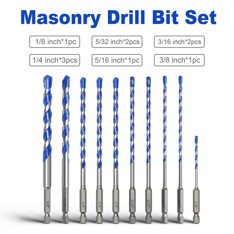 10 Pack 1/8 to 3/8 inch Masonry Drill Bit Set,Concrete