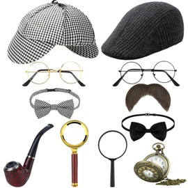 NinkyNonk 11PCS Detective Costume for Kids Detective Hat Magnifying Glass Glasses Fake Mustache Bow Tie Pocket Watch (Type C)