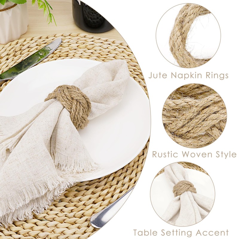 Woven Napkin Rings Set of 6, Farmhouse Jute Napkin Holders,