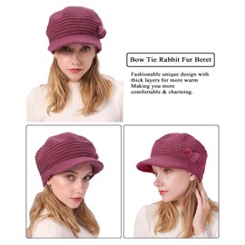 CheChury Women Knit Baker Boy Hats Winter Fleece Lined Beanie Knitted Peaked Beret Thermal Cap Newsboy Warm Ski Visor Hat,Rose