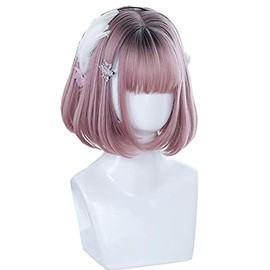 Short Bob Wig, Full Wig, Stylish, Cute, One Curl Wig, Popular, Small Facial Effect, Feminine Bob, Women's Fiber Natural Wig (Brown & Pink)